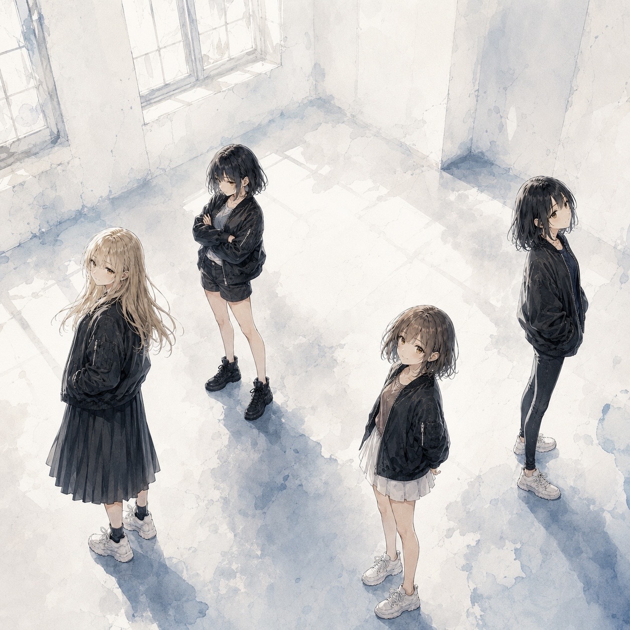 LaughingCloudの4人を描いた淡い水彩調のアートワーク